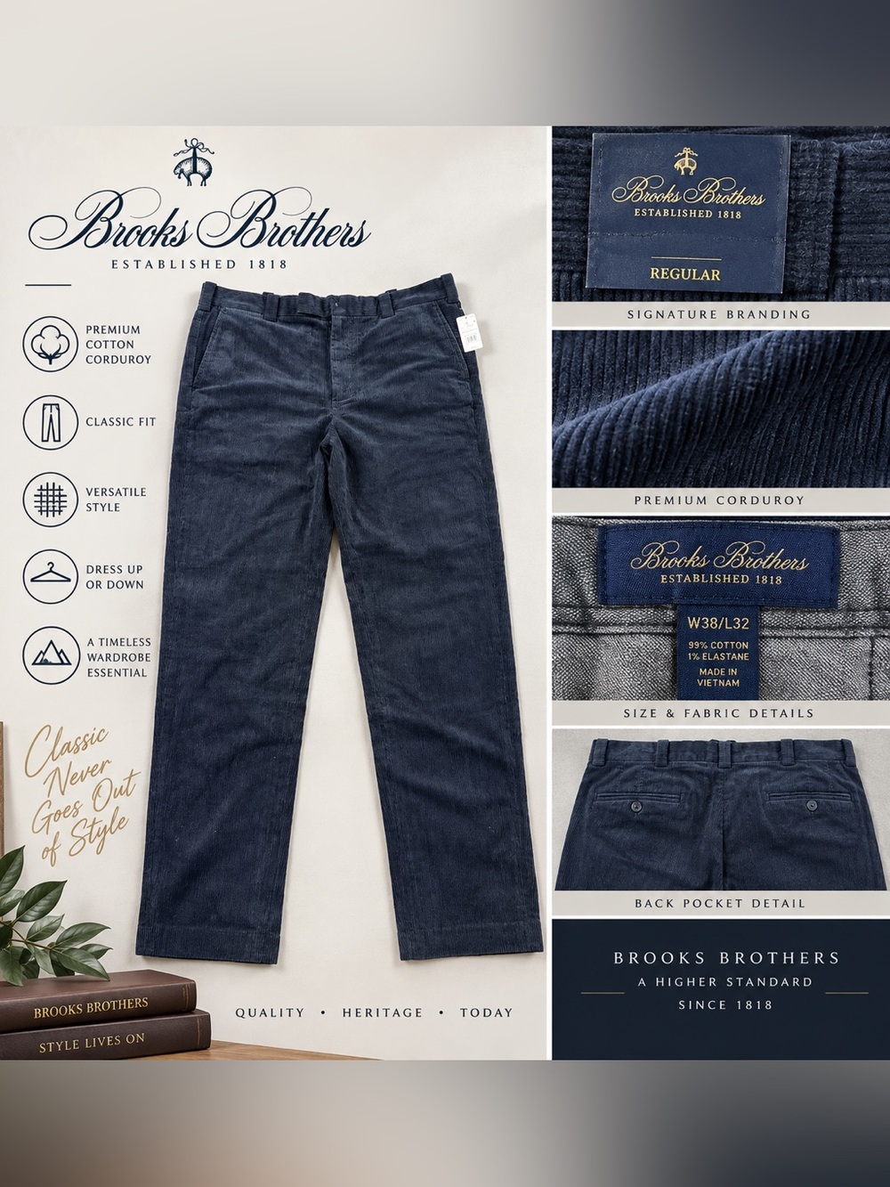 Brooks Brothers Navy Corduroy Pants Regular Fit 38x32 NWT